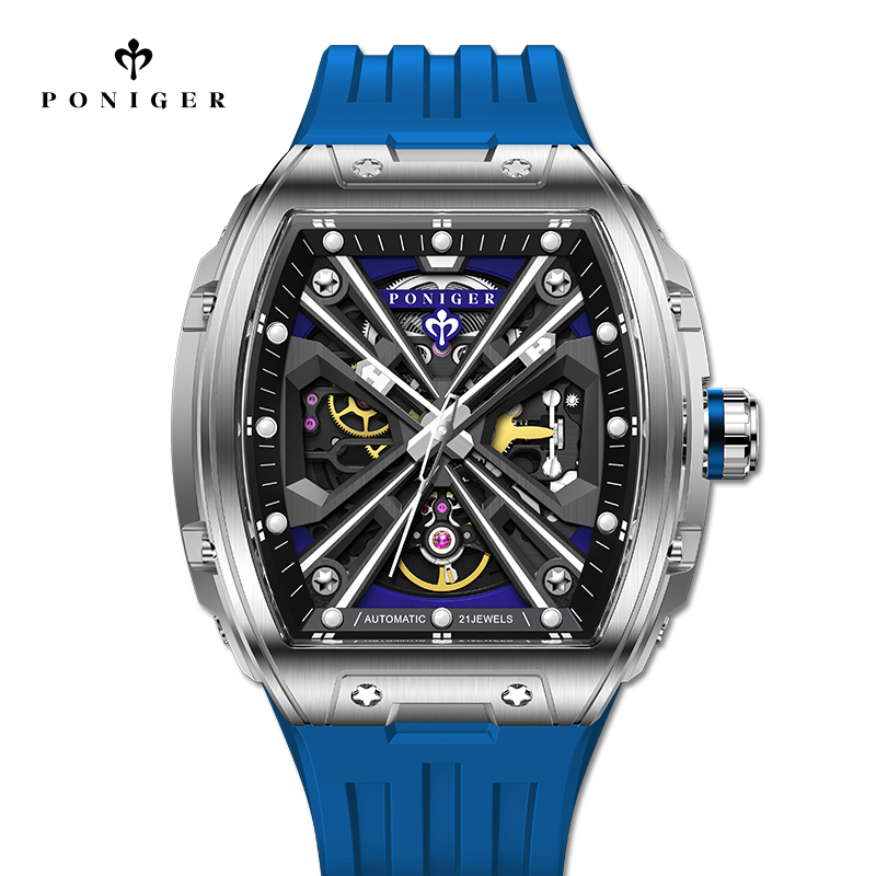 Luxury Watch On Rubber Strap - PONIGER 럭셔리 자동 기계식 남성용 시계